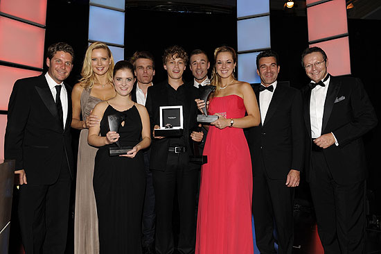 Philip Greffenius, Veronica Ferres, Gewinner Liv Lisa Fries Kategorie "Medien", Philip Ginthör, Tim Bendzko "Musik" und Sabine Lisikcki "Sport", Kai Pflaume, Charlie Steeb, Michael Renz (Foto. Edition Sportiva)